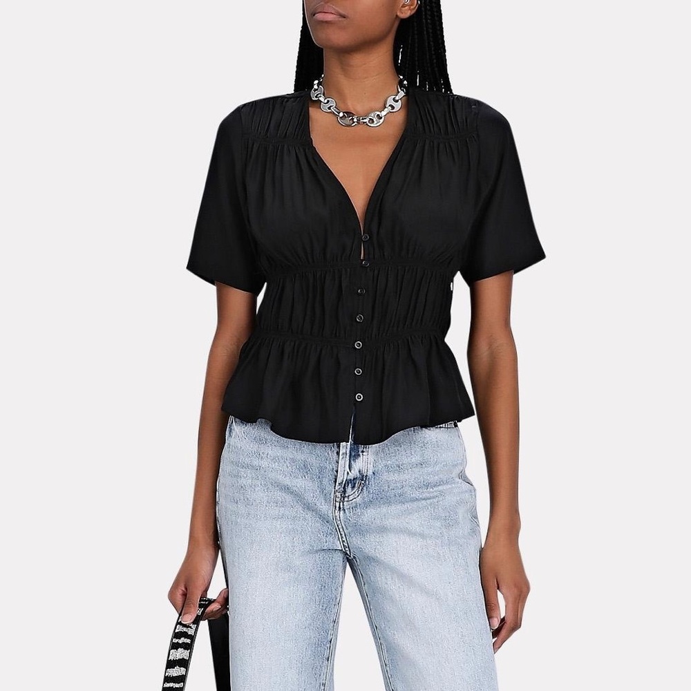 FRAME Ruched V-Neck Silk Short Sleeve Blouse - Picture 1 of 6